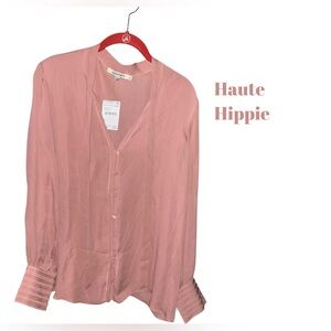Haute Hippie Ash Rose Silk Blouse Button Front Lightweight Boho Chic Top XL NWT